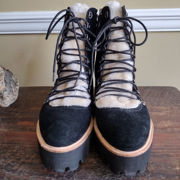 ALL BLACK Black Cream Suede Shearling Lug Flatform Platform Boots Size 37.5 (7) - Picture 4 of 12